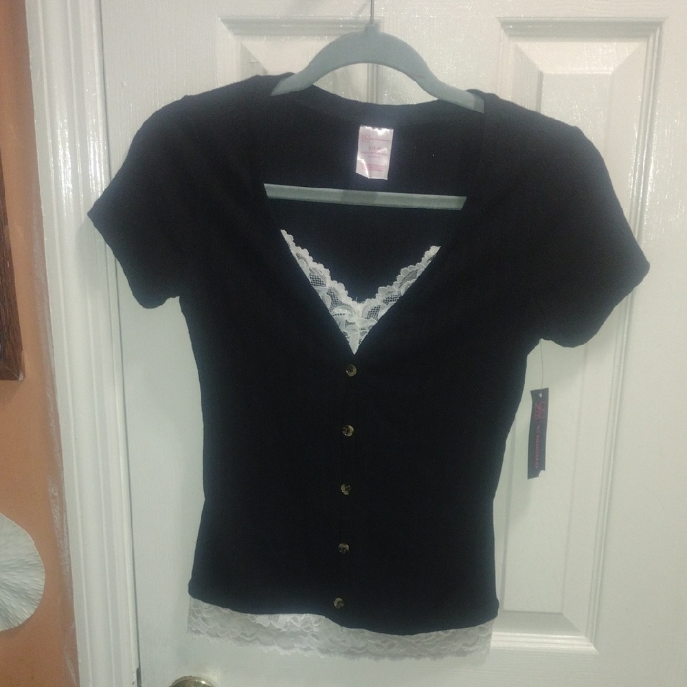 NOBO Black Button-Front Top with White Lace Trim